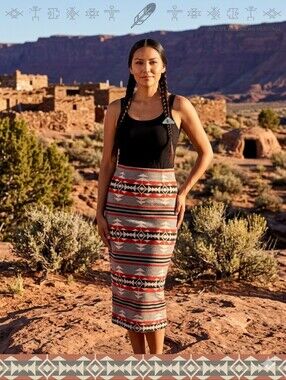 Tribal-Pattern Midi Pencil Skirt in Red and Taupe Woman's Size Small